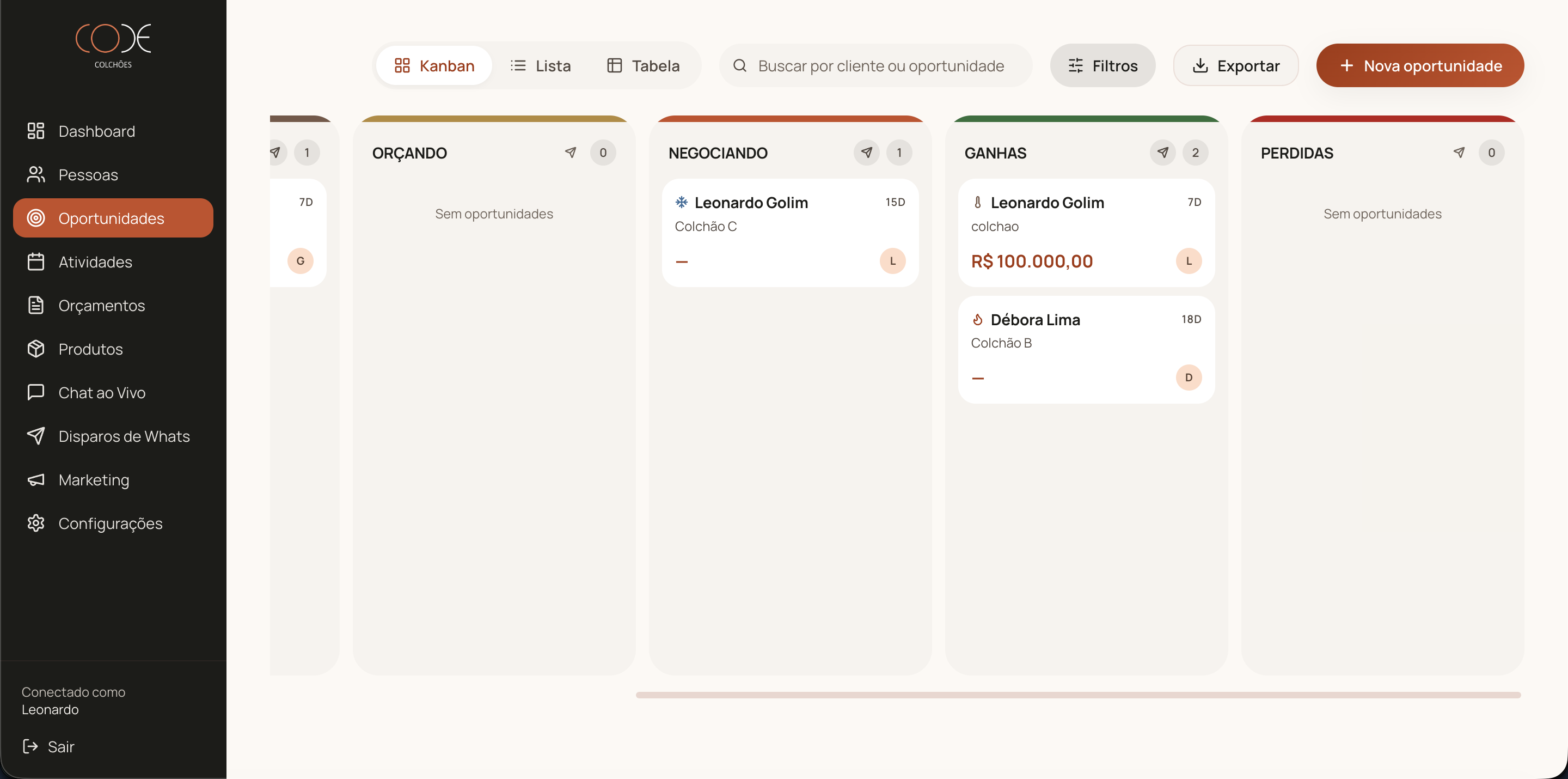 Funil de oportunidades (Kanban) no SleepSales