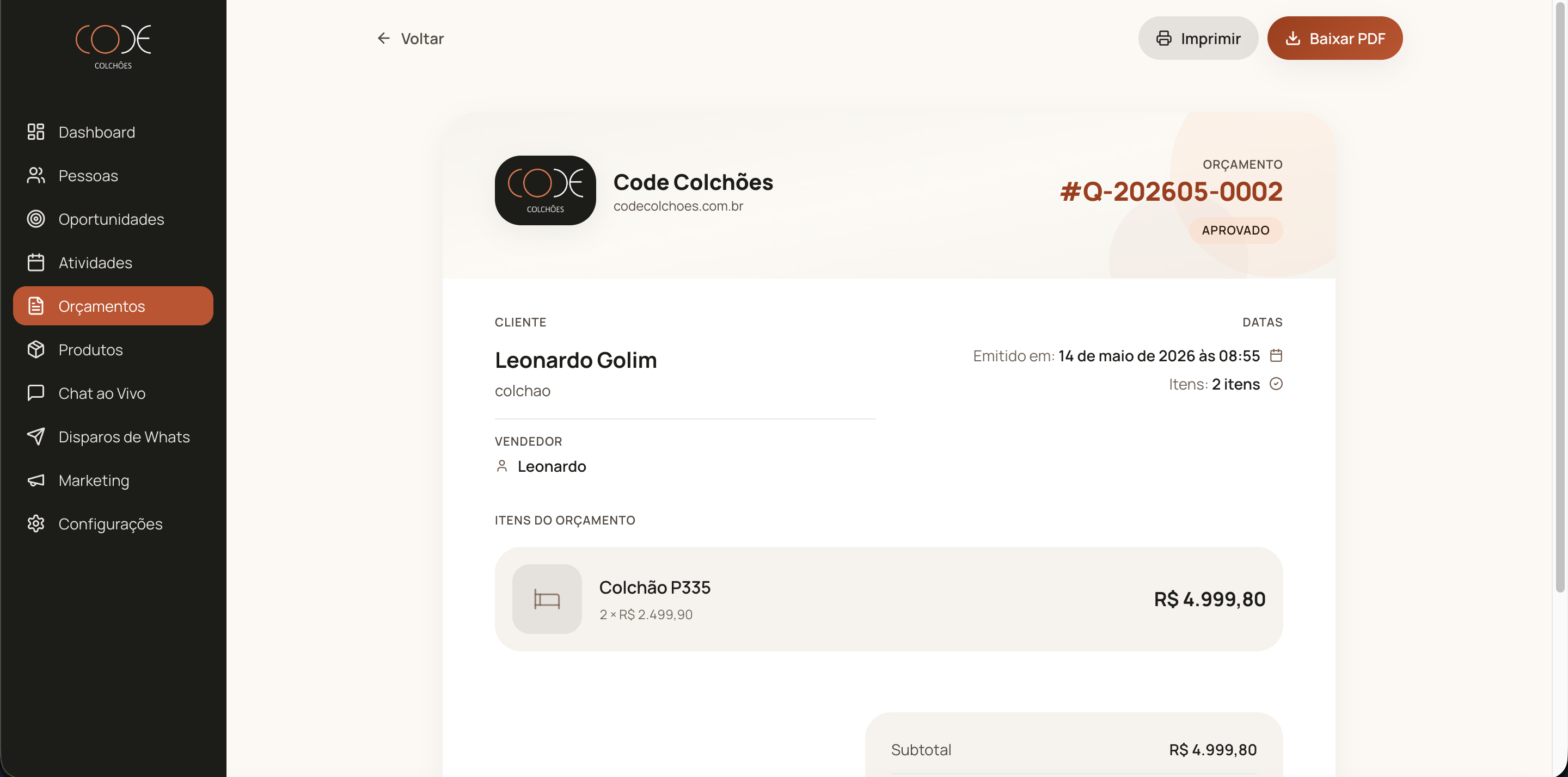 Tela de montagem de orçamento no SleepSales